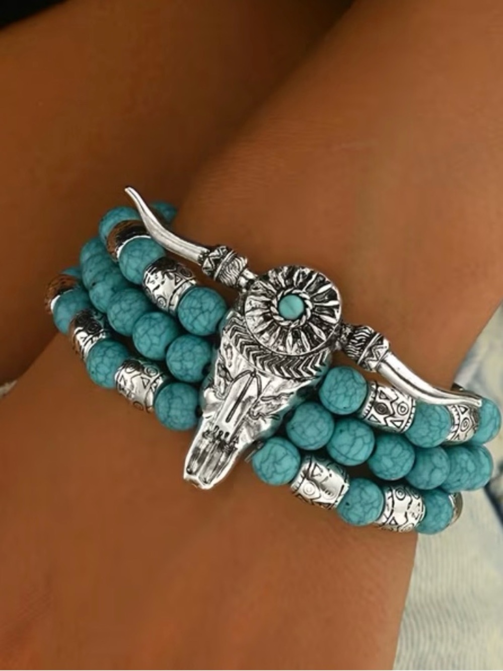 Turquoise Beaded Bull Head Wrap Bracelet - Women Jewelry